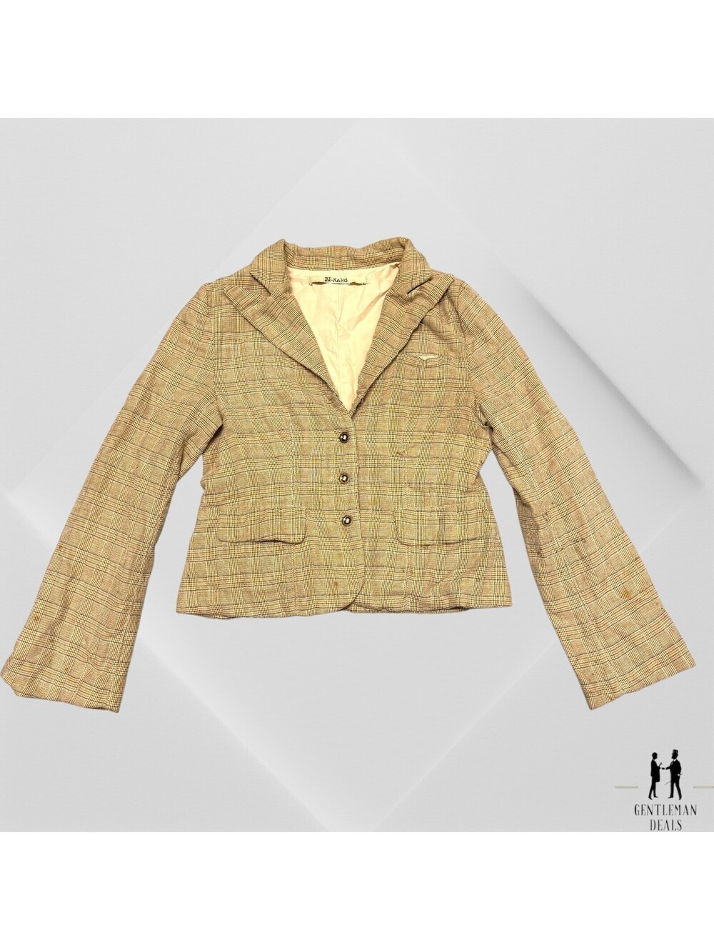 DA Nang Womens Blazer Jacket Silk Beige Checks Plaid USED Metal Buttons S Stain